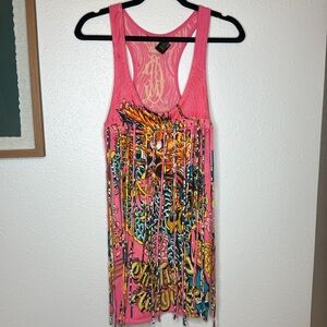 Christian Audigier Pink Tank Sweater Dress w Graphic‎ Design Fringe Y2K